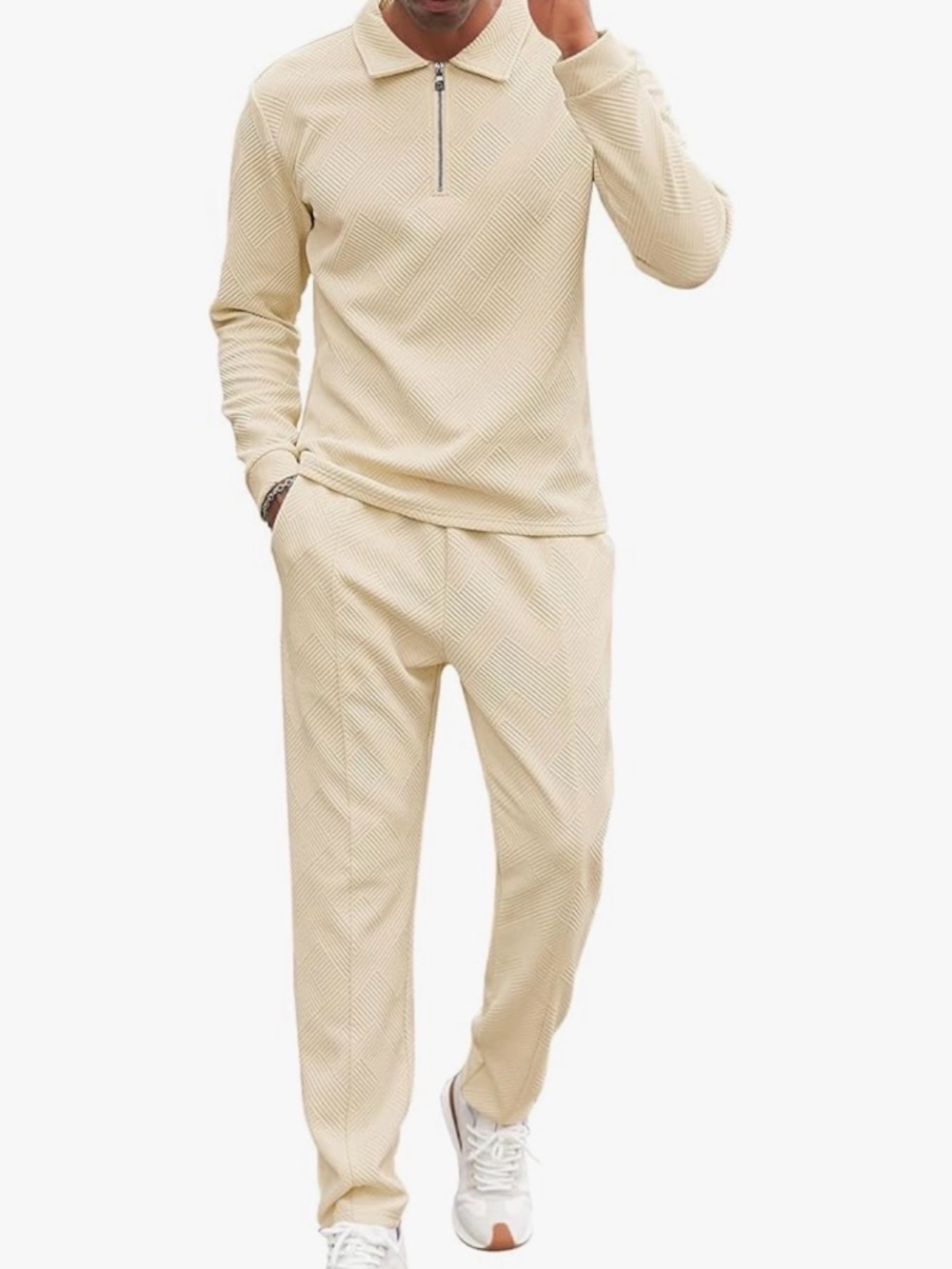 Men's Textured 1/4 Zip Top Casual Pants Set Men’s XL